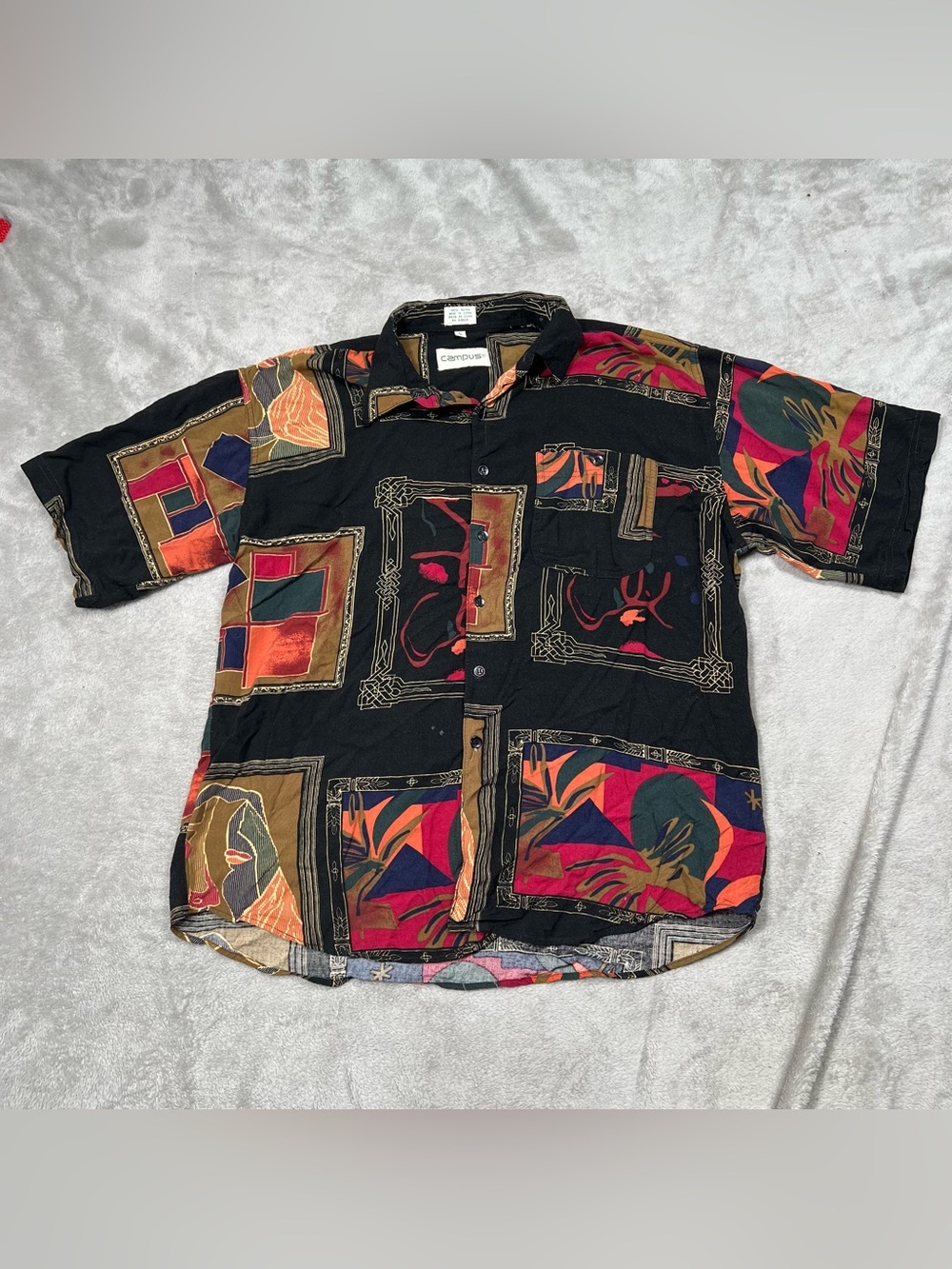 Vintage Campus Abstract Rayon Button Up Shirt Mens L Black Geometric Art Print